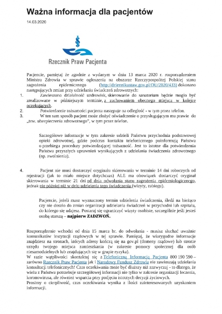 Informacja Rzecznika Praw Pacjenta